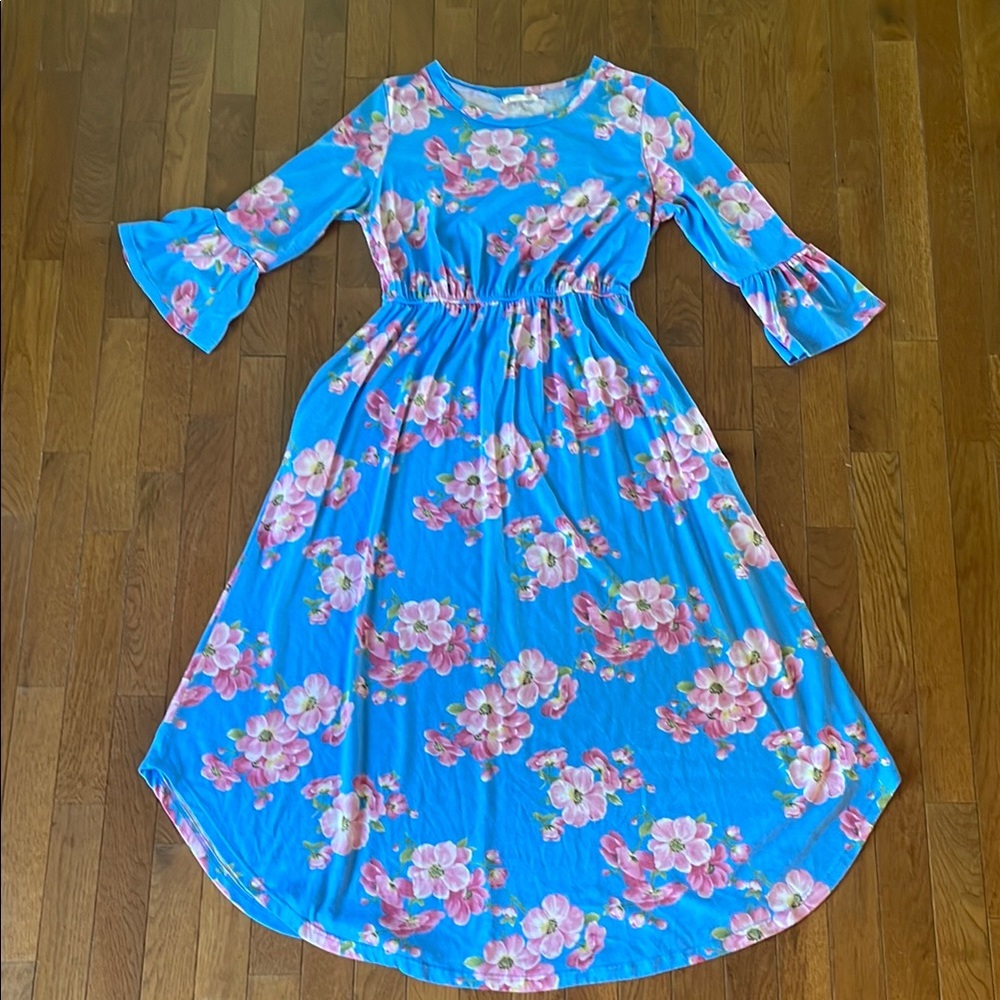 Flamingo Urban Blue Dress w/pink floral print, Bell Sleeves Size Medium